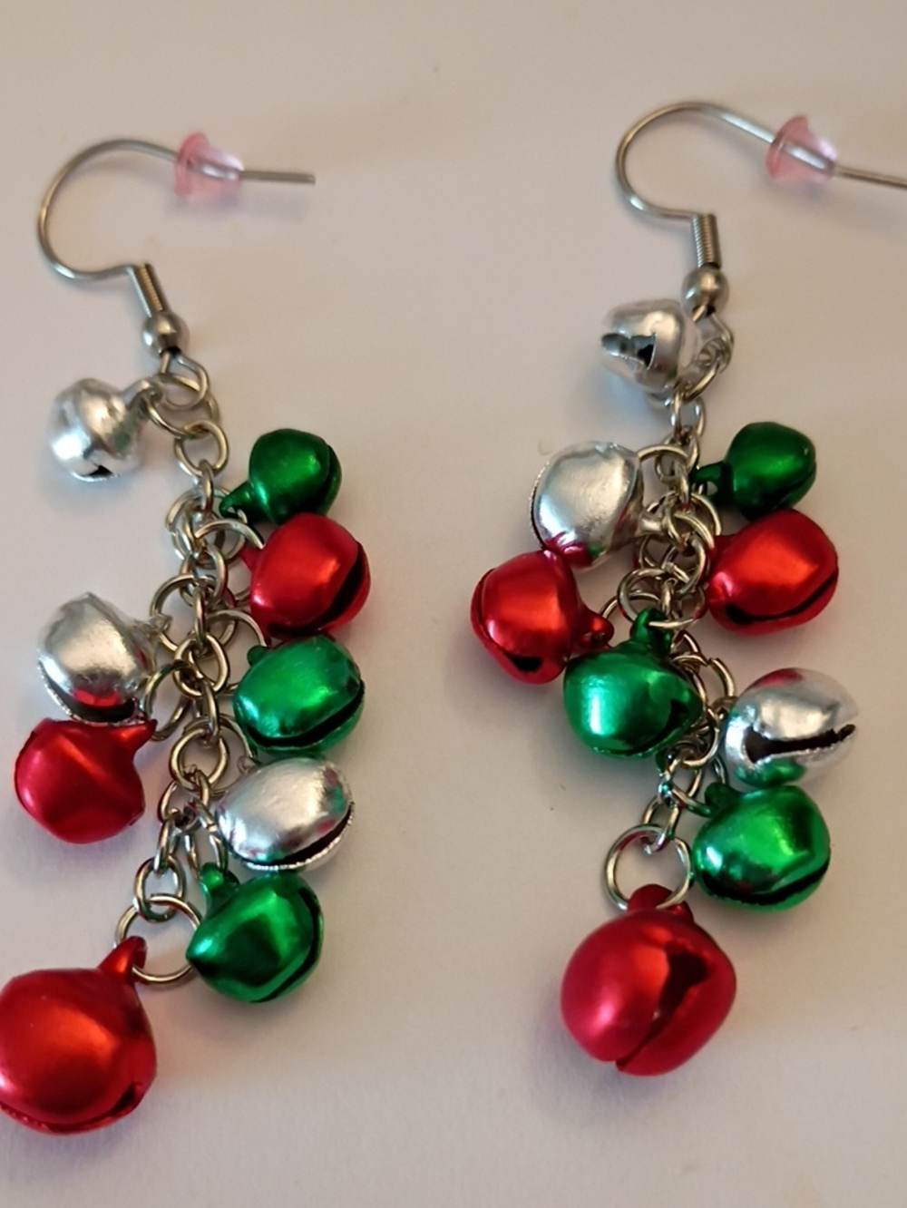 Holiday Red, Green & Silver Jingle Bell Drop Earrings